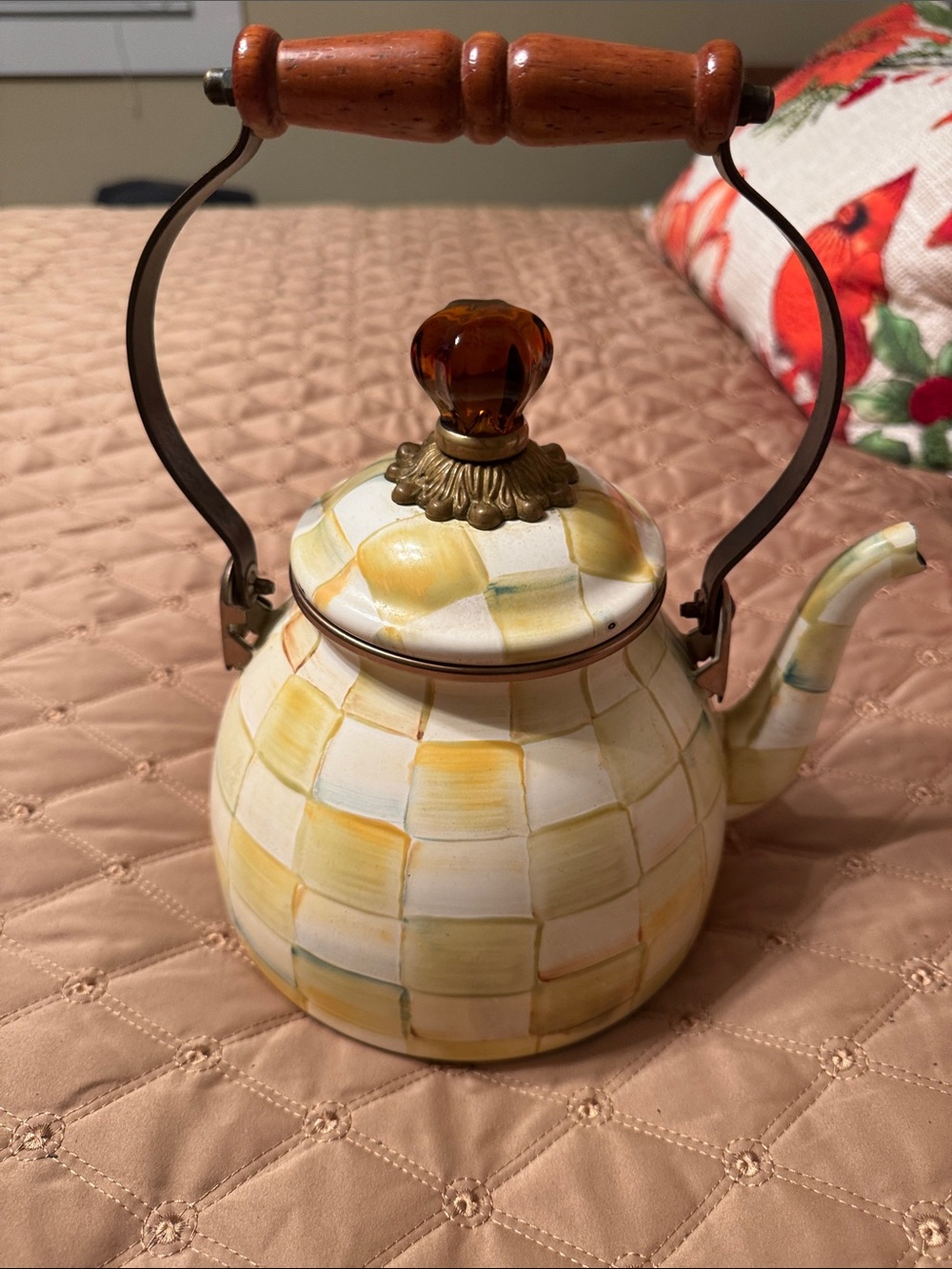 Mackenzie Childs Parchment Check Enamel Tea Kettle